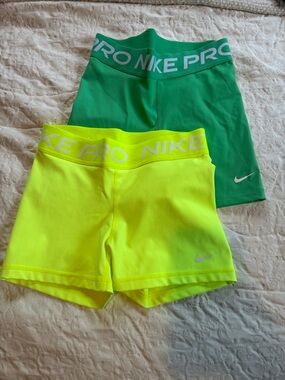 Nike Neon Yellow and Green Pro Compression Shorts Set